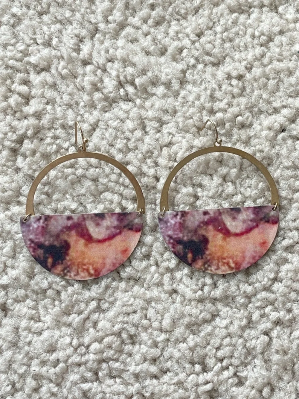 Boutique Pink Marble Print Pink Purple Gold Boho Half-Moon Hoop Drop Earrings